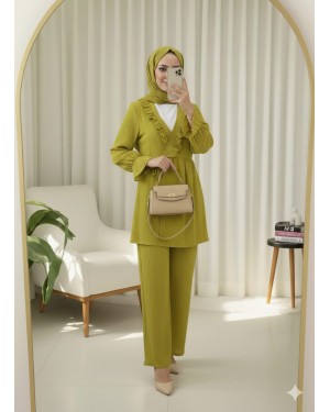 Elastic Sleeves, Ruffle Front, Laced Crinkle Kimono Set -Oil Green