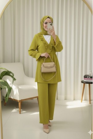 Kolu Lastikli Önü Fırfırlı Bağcıklı Krinkıl Kimono Takım -Yağ Yeşili