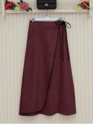 Beli Lastikli İnce Biyeli Kaşe Etek  -Bordo