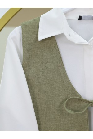 Front Tie Vest Trousers Two Piece Set -Khaki