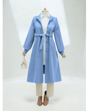 Waist-Tied, Top-Buttoned Cashmere Coat -Blue