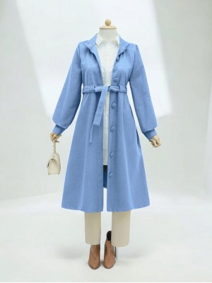 Belden Bağlamalı Top Düğmeli Kaşe Kaban -Mavi