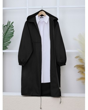 Long Zippered Hooded Raincoat -Black