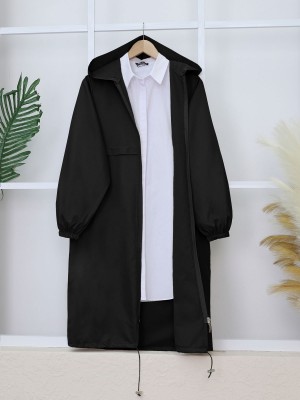 Boydan Fermuarlı Kapşonlu Uzun Yağmurluk -Siyah