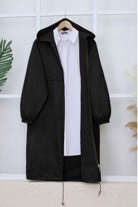 Long Zippered Hooded Raincoat -Black
