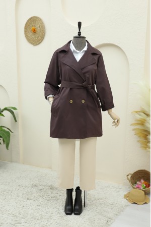 Bolero Detailed Buttoned Mid-length Trench Coat -Damson
