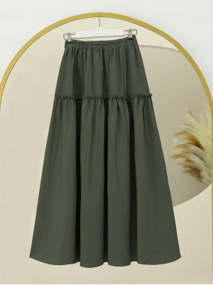 Parçalı Beli Lastikli Kraş Desen Paraşüt Etek -Haki