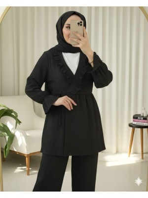 Elastic Sleeves, Ruffle Front, Laced Crinkle Kimono Set -Black