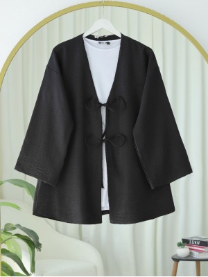 Linen Kimono with Lace Front -Black