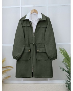 Elastic Sleeve Top Button Pocket Zippered Cashmere Coat -Khaki