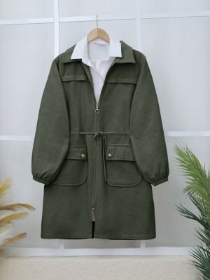 Kolu Lastikli Top Düğme Cepli Fermuarlı Kaşe Kap -Haki