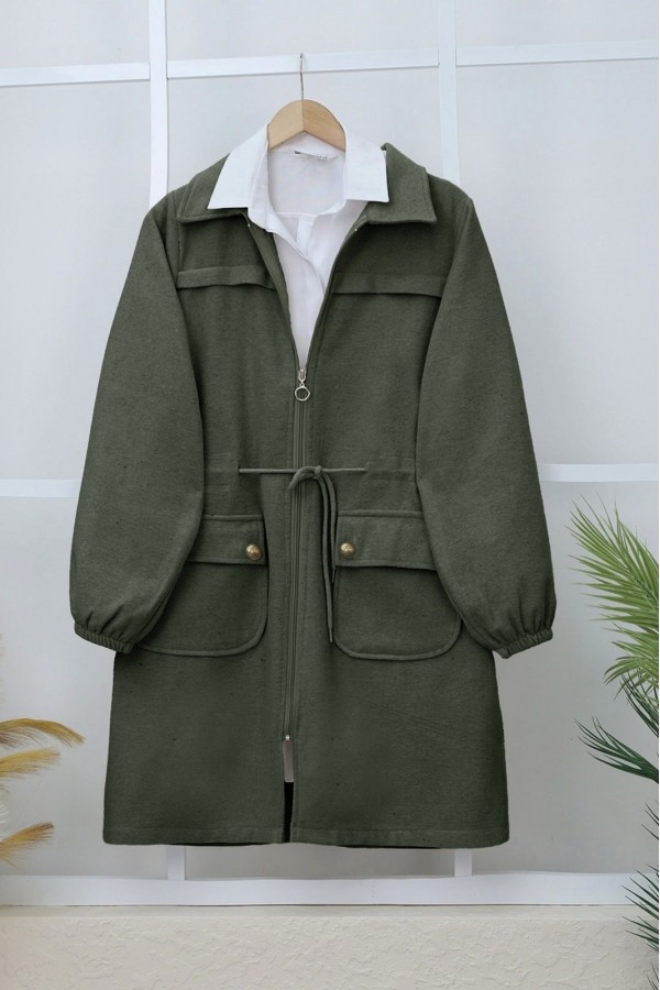 Elastic Sleeve Top Button Pocket Zippered Cashmere Coat -Khaki
