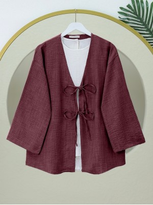 Linen Kimono with Lace Front    -Maroon