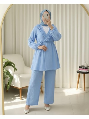 Elastic Sleeves, Ruffle Front, Laced Crinkle Kimono Set -Blue