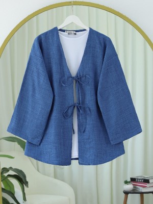 Linen Kimono with Lace Front -İndigo