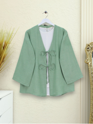 Önü Bağcıklı Keten Kimono  -Su Yeşili