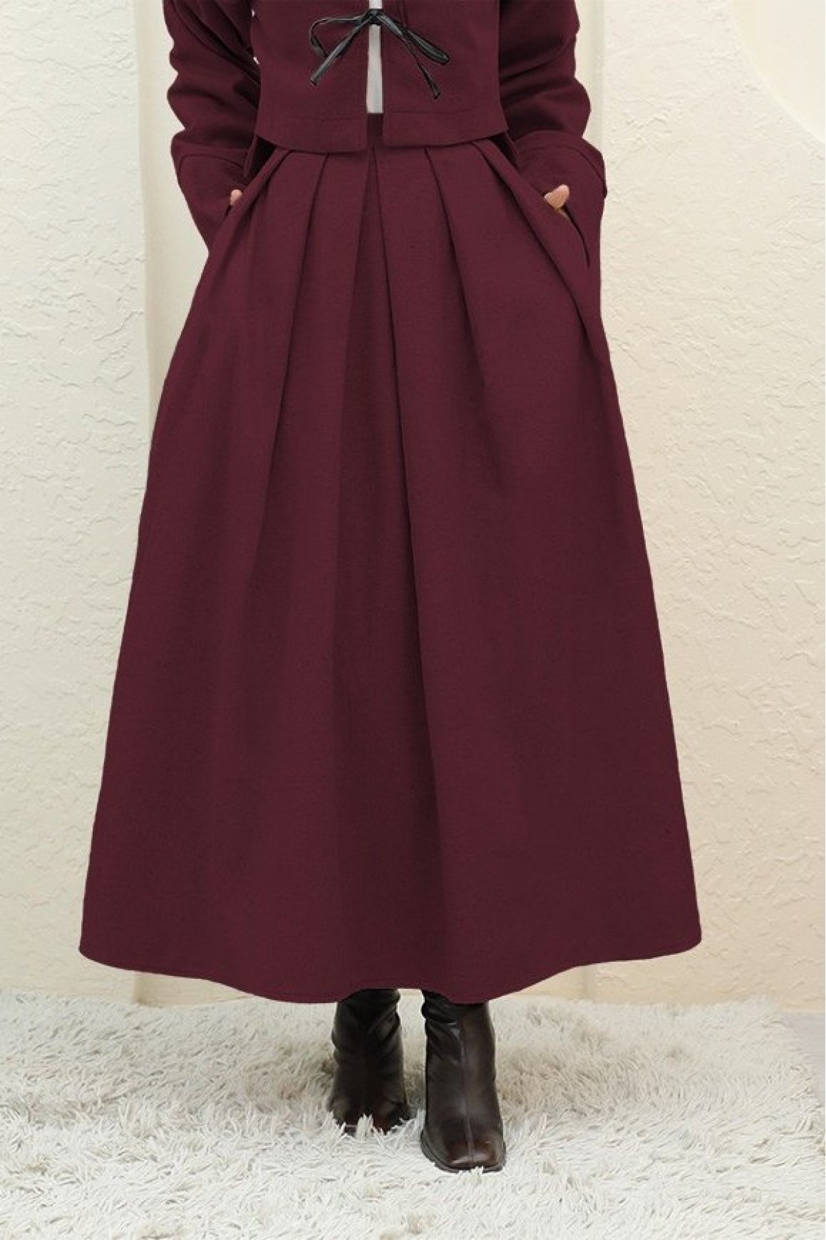 Pileli Fermuarlı Kaşe Etek  -Bordo