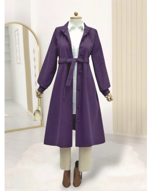 Waist-Tied, Top-Buttoned Cashmere Coat - Purple