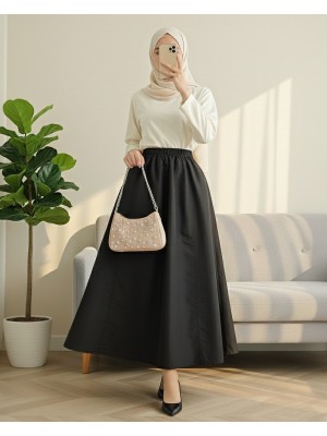 Elastic Waist Parachute Skirt with Pockets -Black