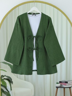 Linen Kimono with Lace Front -Dark green