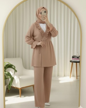 Elastic Sleeves, Ruffle Front, Laced Crinkle Kimono Set -Salmon