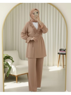 Kolu Lastikli Önü Fırfırlı Bağcıklı Krinkıl Kimono Takım -Somon