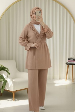 Kolu Lastikli Önü Fırfırlı Bağcıklı Krinkıl Kimono Takım -Somon