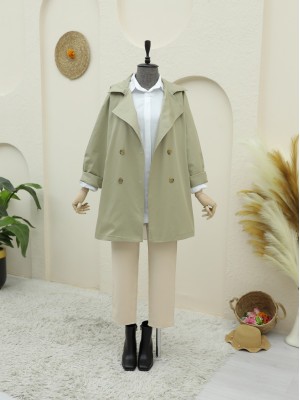 Bolero Detaylı Düğmeli Ara Boy Trençkot -Taş