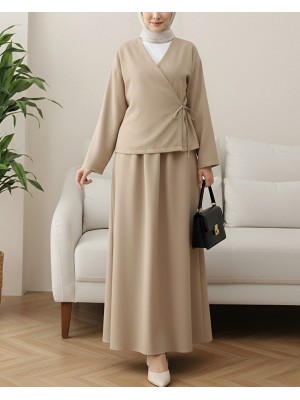 Önü Bağcıklı Etekli Yün Efekt Kışlık Takım -Vizon