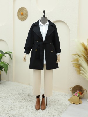 Bolero Detaylı Düğmeli Ara Boy Trençkot -Siyah