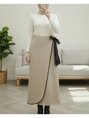 Beli Lastikli Bağlamalı Biyeli Kaşe Etek  -Vizon