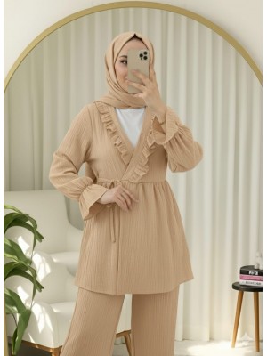 Elastic Sleeves, Ruffle Front, Laced Crinkle Kimono Set -Mink color