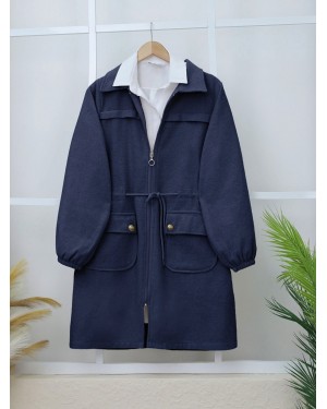 Elastic Sleeve Top Button Pocket Zippered Cashmere Coat -Navy blue