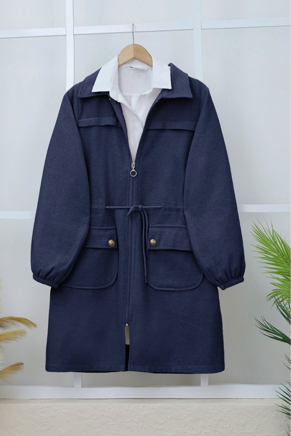 Elastic Sleeve Top Button Pocket Zippered Cashmere Coat -Navy blue