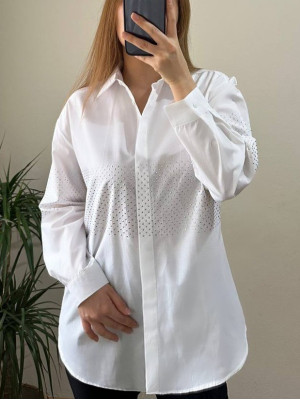 Önü Taşlı Poplin Gömlek -Beyaz