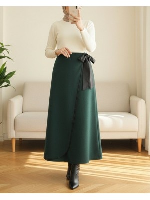 Beli Lastikli Bağlamalı Biyeli Kaşe Etek -Zümrüt