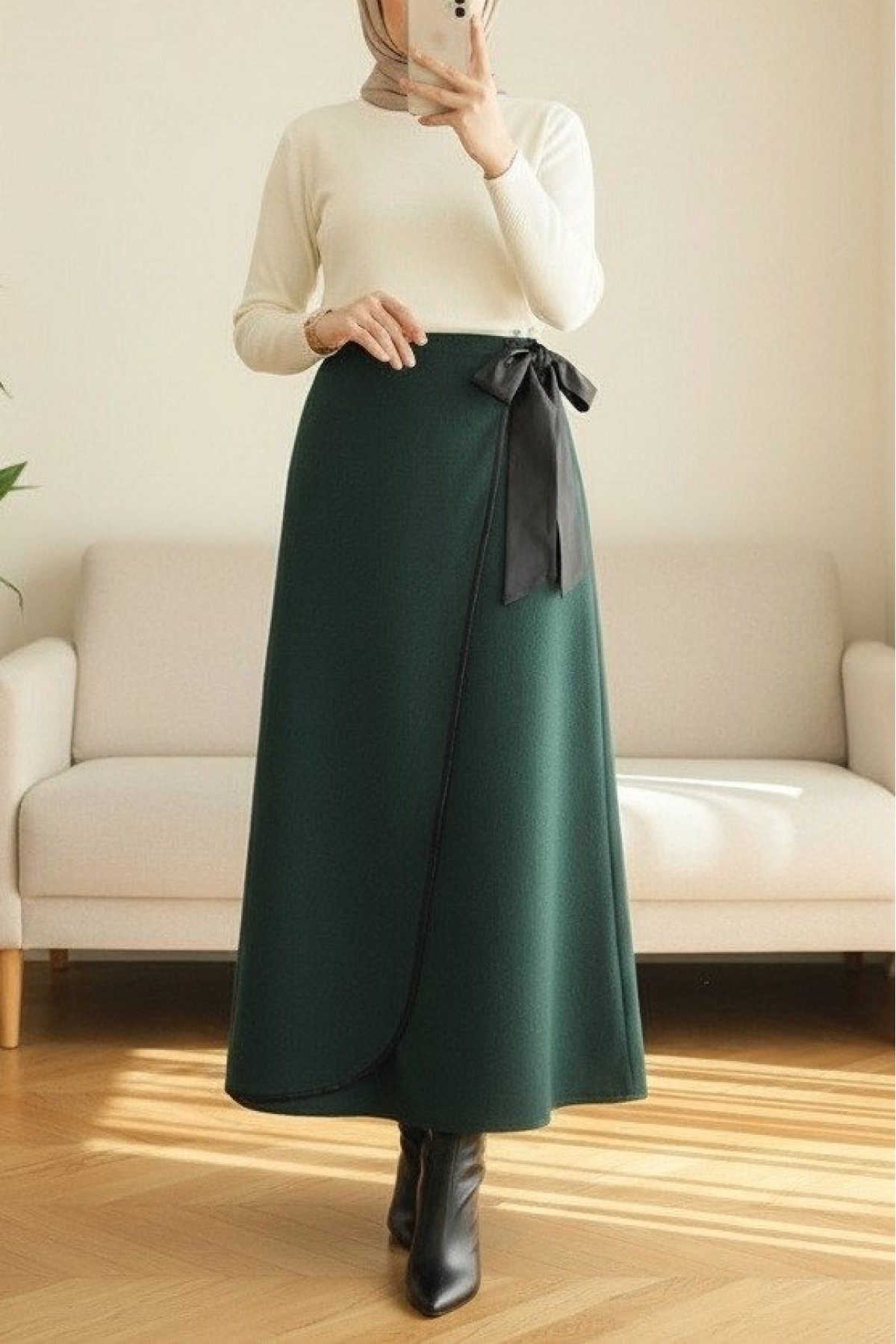 Elastic Waist Tied Piping Cashmere Skirt -Emerald
