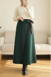 Beli Lastikli Bağlamalı Biyeli Kaşe Etek -Zümrüt