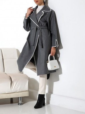 Çoban Dikiş Belden Bağlamalı Kaşe Kaban -Gri