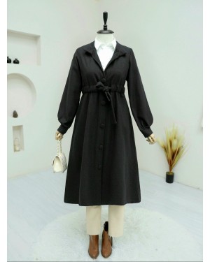 Waist-Tied, Top-Buttoned Cashmere Coat -Black