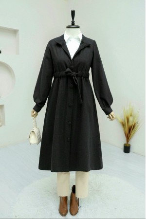 Waist-Tied, Top-Buttoned Cashmere Coat -Black