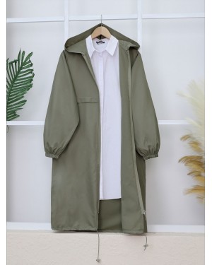 Long Zippered Hooded Raincoat -Khaki