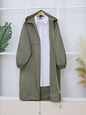 Boydan Fermuarlı Kapşonlu Uzun Yağmurluk -Haki