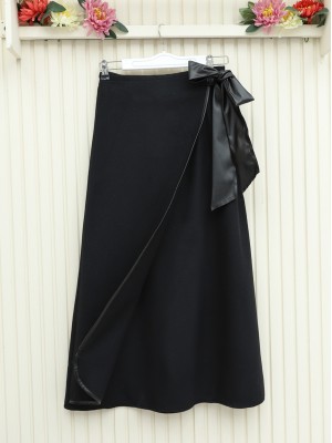 Beli Lastikli Bağlamalı Biyeli Kaşe Etek -Siyah