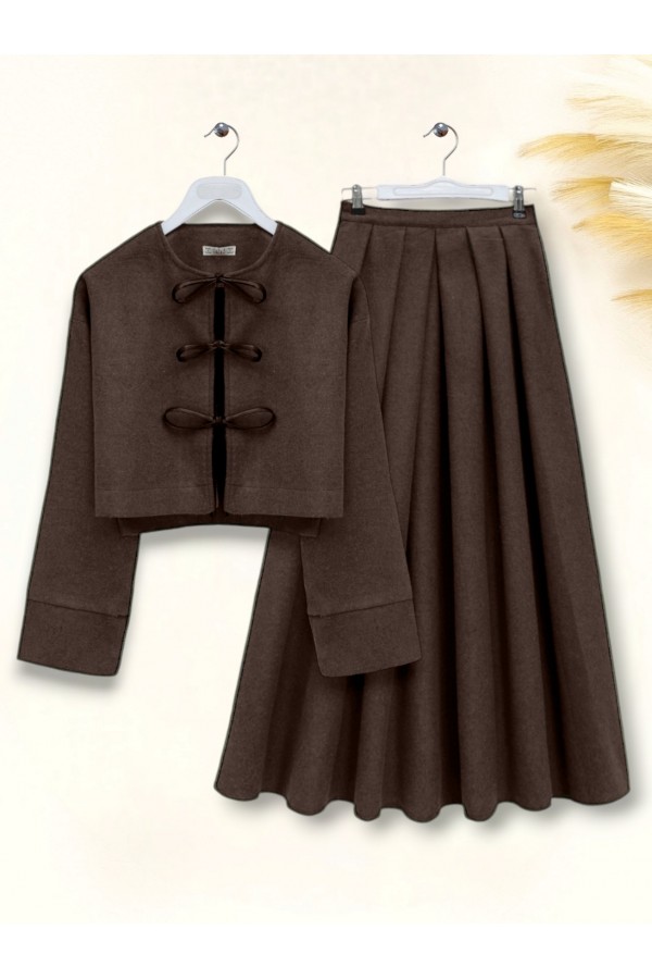 Pleated Skirted Front Tied Cashmere Suit -Brown