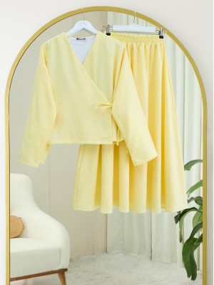 Yandan Bağlamalı Etekli Keten Takım  -Sarı