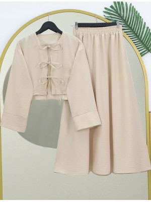 Önü Bağcıklı Beli Lastikli Etekli Keten Takım -Bej