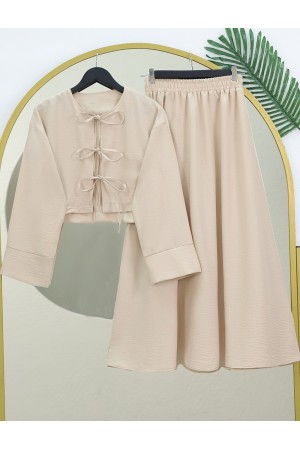 Linen Suit with Elastic Waist and Lace-Up Skirt - Beige