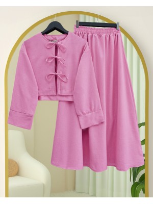 Önü Bağcıklı Beli Lastikli Etekli Keten Takım      -Pembe