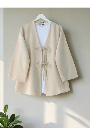 Önü Bağcıklı Keten Kimono -Bej